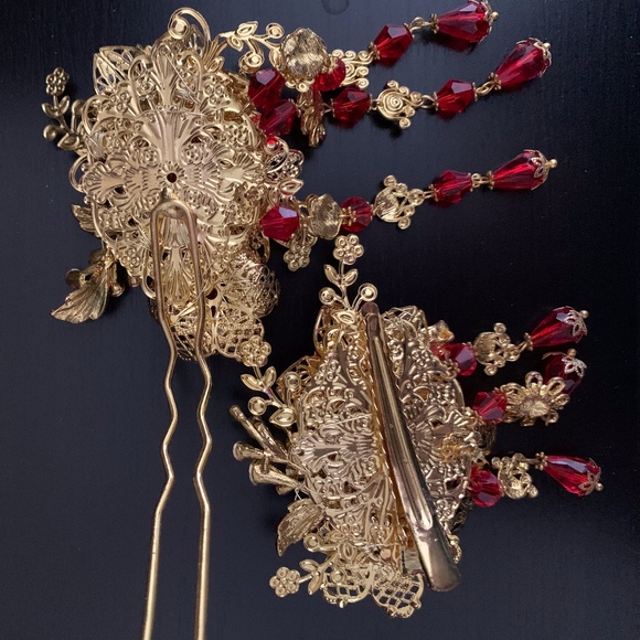 Wedding Gold Butterfly Red flower Hair Accessories